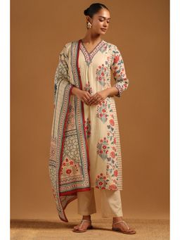 Soch - Cream Mul Chanderi Floral Kurta with Pant and Dupatta