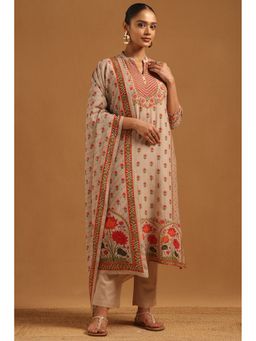 Soch - Beige Mul Chanderi Floral Kurta with Pant and Dupatta