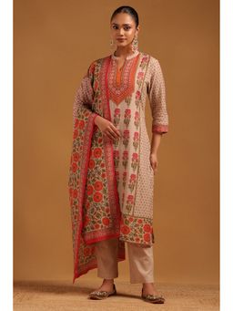 Soch - Beige Mul Chanderi Floral Kurta with Pant and Dupatta