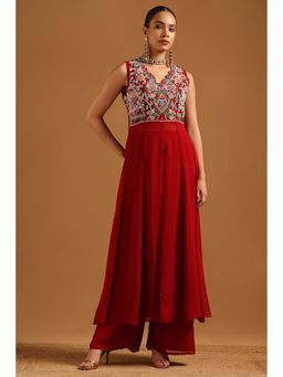Soch - Red Botanical Beads and Stones Kurta with Palazzo and Dupatta with Unstitched Sleeves