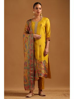 Soch - Mustard Botanical Zari Woven Kurta with Pant and Dupatta