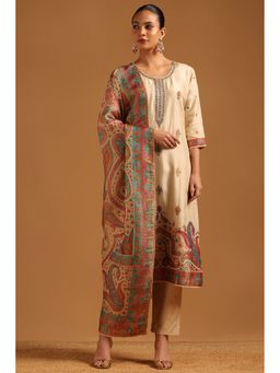 Soch - Beige Botanical Zari Woven Kurta with Pant and Dupatta