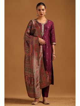 Soch - Wine Zari Woven Zardosi Kurta with Pant and Dupatta