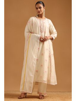 Soch - Cream Mul Chanderi Thread Work Kurta with Pant and Dupatta