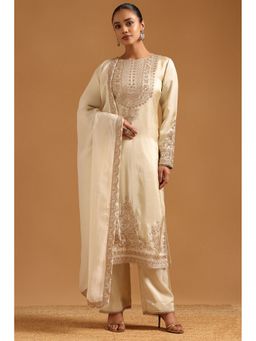 Soch - Beige Tissue Motifs Sequins Kurta with Pant and Dupatta