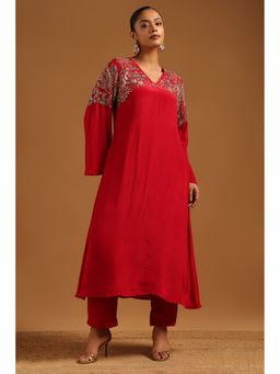Soch - Red Crepe Embellished Beads and Stones Kurta with Pant