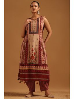Soch - Beige Chanderi Kurta with Dhoti and Inner with Unstitched Sleeves