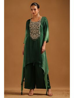 Soch - Green Satin Botanical Sequins Kurta with Palazzo