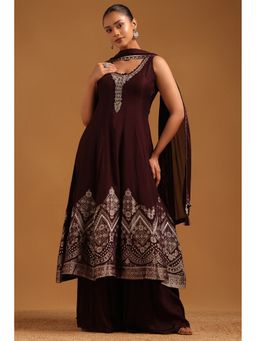 Soch - Wine Zari Woven Cut Dana Kurta with Palazzo and Dupatta with Unstitched Sleeves