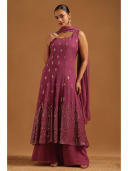 Soch - Purple Georgette Zardosi Kurta with Palazzo and Dupatta with Unstitched Sleeves