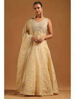Soch - Beige Tissue Anarkali Kurta with Leggings and Dupatta with Unstitched Sleeves