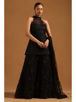 Soch - Black Net Floral Print Cutdana Kurta with Palazzo and Dupatta with Unstitched Sleeves
