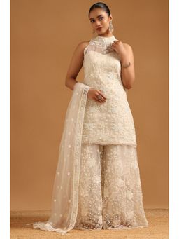 Soch - Off White Net Floral Print Beads Kurta with Palazzo and Dupatta