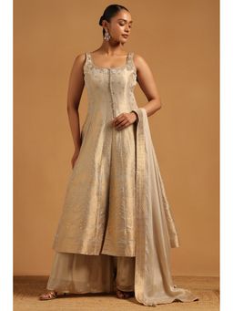 Soch - Beige Brocade Kurta with Palazzo and Dupatta with Unstitched Sleeves