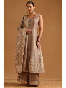 Soch - Beige Tissue Cut Dana Kurta with Palazzo and Dupatta with Unstitched Sleeves