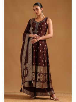 Soch - Brown Zari Woven Sequins Kurta with Palazzo and Dupatta with Unstitched Sleeves