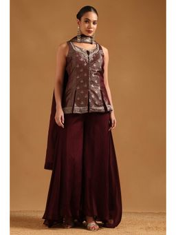 Soch - Wine Viscose Blend Kurti and Palazzo with Dupatta & Unstitched Sleeves