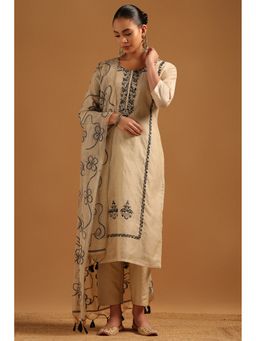 Soch - Beige Linen Thread Work Kurta with Pant and Dupatta