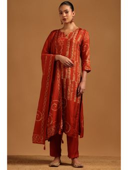 Soch - Rust Russian Silk Kurta with Pant and Dupatta with Ethnic Motifs Faux Mirror