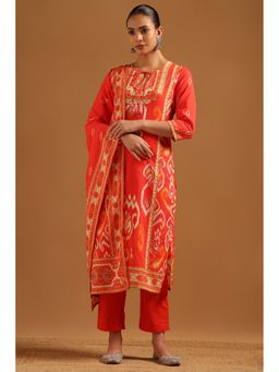 Soch - Orange Cotton Ikat Print Kurta with Pant and Dupatta