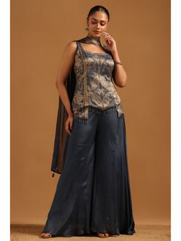 Soch - Navy Blue Brocade Kurti with Palazzo and Dupatta with Unstitched Sleeves
