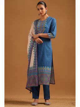 Soch - Blue Cambric Floral Print Faux Mirror Kurta with Pant and Dupatta