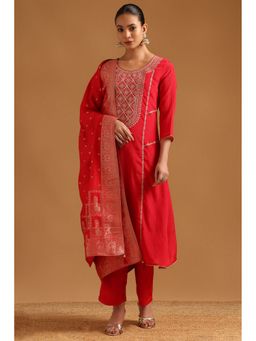 Soch - Red Chinon Zari Kurta with Pant and Dupatta
