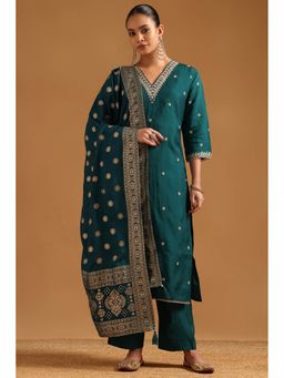 Soch - Teal Russian Silk Floral Print Sequins Kurta with Pant and Dupatta
