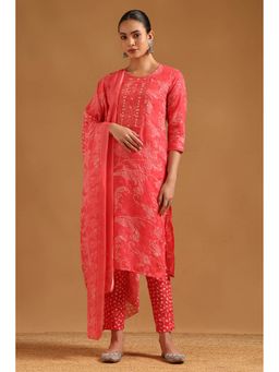 Soch - Pink Cotton Blend Bandhani Kurta with Pant and Dupatta
