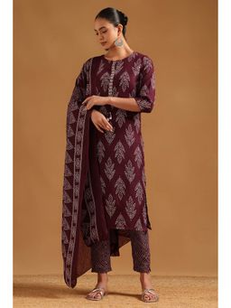 Soch - Wine Linen Blend Kurta with Pant and Dupatta