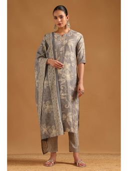 Soch - Grey Polyester Botanical Beads Kurta with Pant and Dupatta