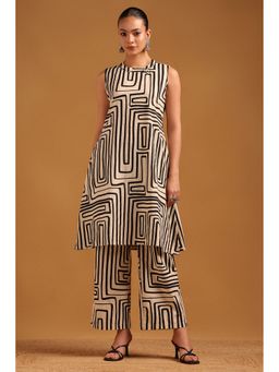 Soch - Beige Pure Cotton Geometric Print Kurta with Pant and Unstitched Sleeves