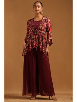 Soch - Wine Muslin Botanical Stone Work Crop Top with Palazzo and Jacket