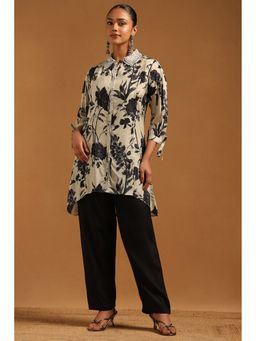 Soch - Grey Muslin Botanical Beads Kurta with Pant