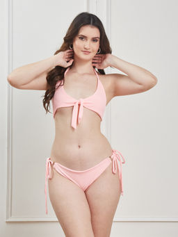 G Heist - Women Stretchable Ribbed Halter Pink Swim Bikini Bra & Panty