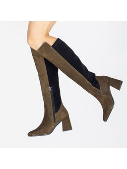 Saint G - Women Olive Stretch Suede Leather Knee High Boots
