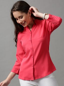 SHOWOFF - Women's Spread Collar Solid Pink Polyester Shirt