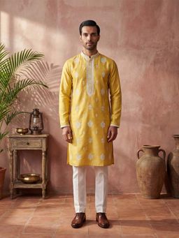 ETHNIC BAY - Mens Yellow Silk Blend Solid Embroidered Kurta with Trouser