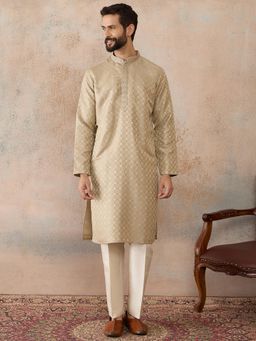 ETHNIC BAY - Mens Gold Jacquard Embroidered Kurta with Trouser