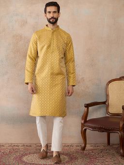 ETHNIC BAY - Mens Yellow Jacquard Embroidered Kurta with Trouser
