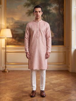 ETHNIC BAY - Mens Peach Linen Embroidered Kurta with Trouser