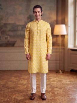 ETHNIC BAY - Mens Yellow Linen Ikat Print Regular Kurta with Trouser