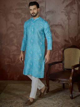 ETHNIC BAY - Mens Blue Linen Bandhani Print Regular Kurta with Trouser