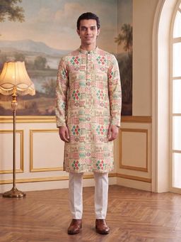 ETHNIC BAY - Mens Cream Linen Geometric Print Regular Kurta with Trouser