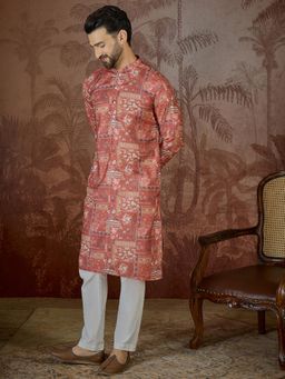 ETHNIC BAY - Mens Silk Blend Pink Printed Kurta with Trouser