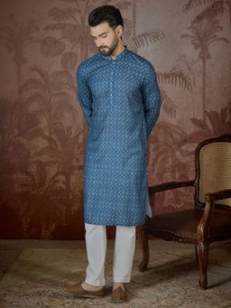 ETHNIC BAY - Mens Blue Linen Floral Print Regular Kurta with Trouser