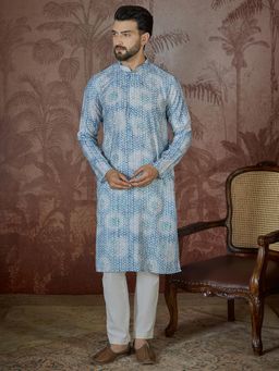 ETHNIC BAY - Mens Blue Linen Printed Regular Kurta with Trouser