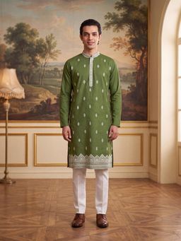 ETHNIC BAY - Mens Green Silk Blend Embroidered Kurta with Trouser