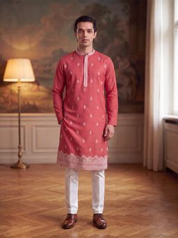 ETHNIC BAY - Mens Peach Silk Blend Embroidered Kurta with Trouser