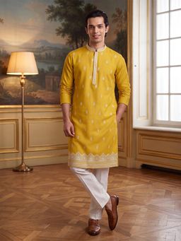 ETHNIC BAY - Mens Yellow Silk Blend Embroidered Kurta with Trouser